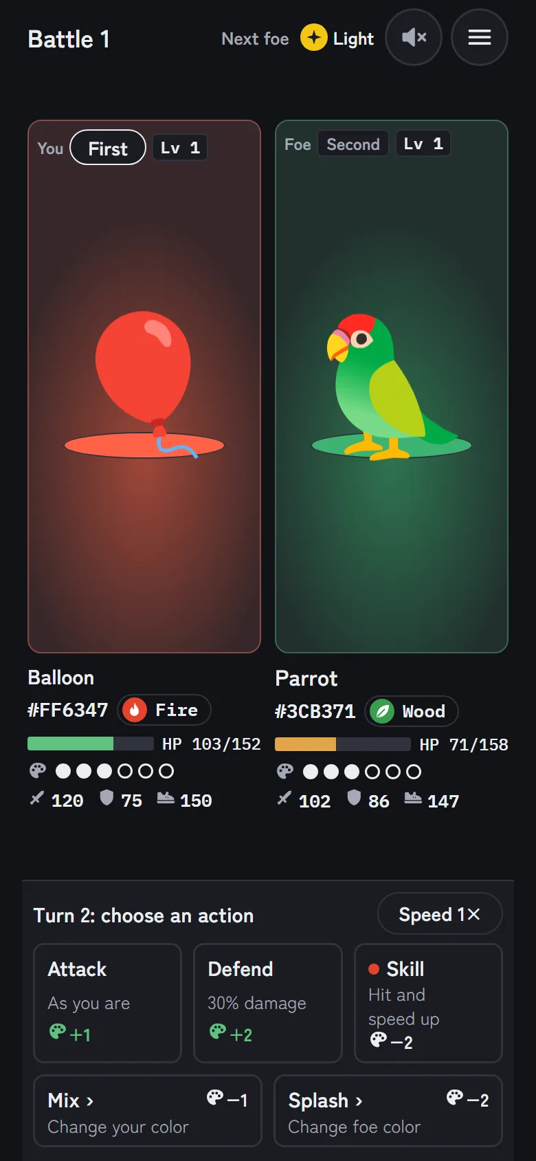 A battle screen. A red balloon faces a green parrot, with action buttons below