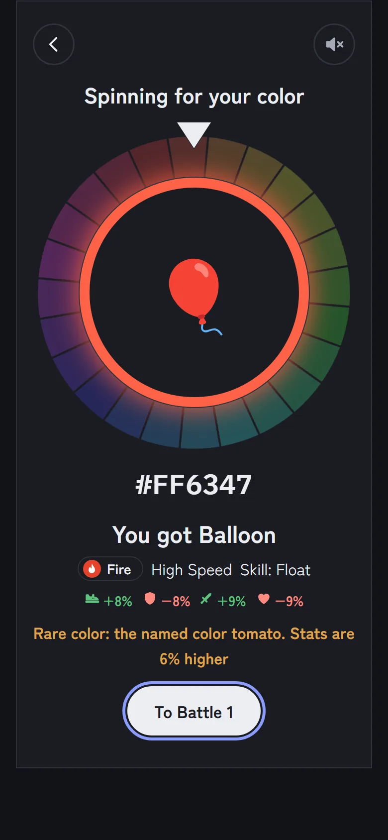 The color roulette screen. The color #FF6347 turned into a balloon